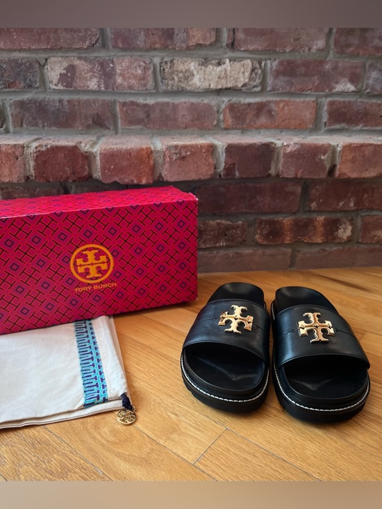 Tory Burch Shoes - Tory Burch Black Everly Anatomic Lug Slide Sandals